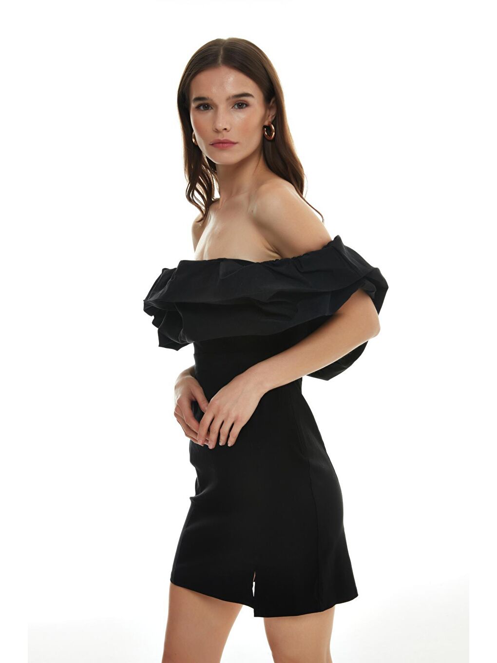 Fırfır Detaylı Straplez Mini Elbise Siyah-2