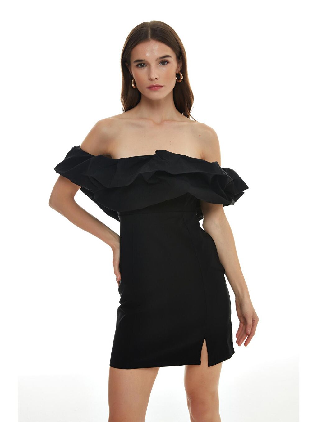 Fırfır Detaylı Straplez Mini Elbise Siyah-3
