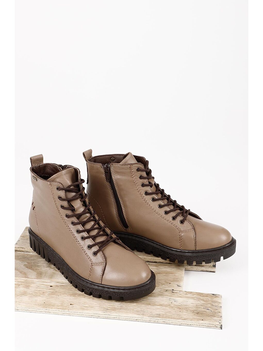 Bej VİZON  Hakiki Deri Yuvarlak Burun Kauçuk Taban Fermuarlı Bağcıklı Kadın Günlük Bot 10402