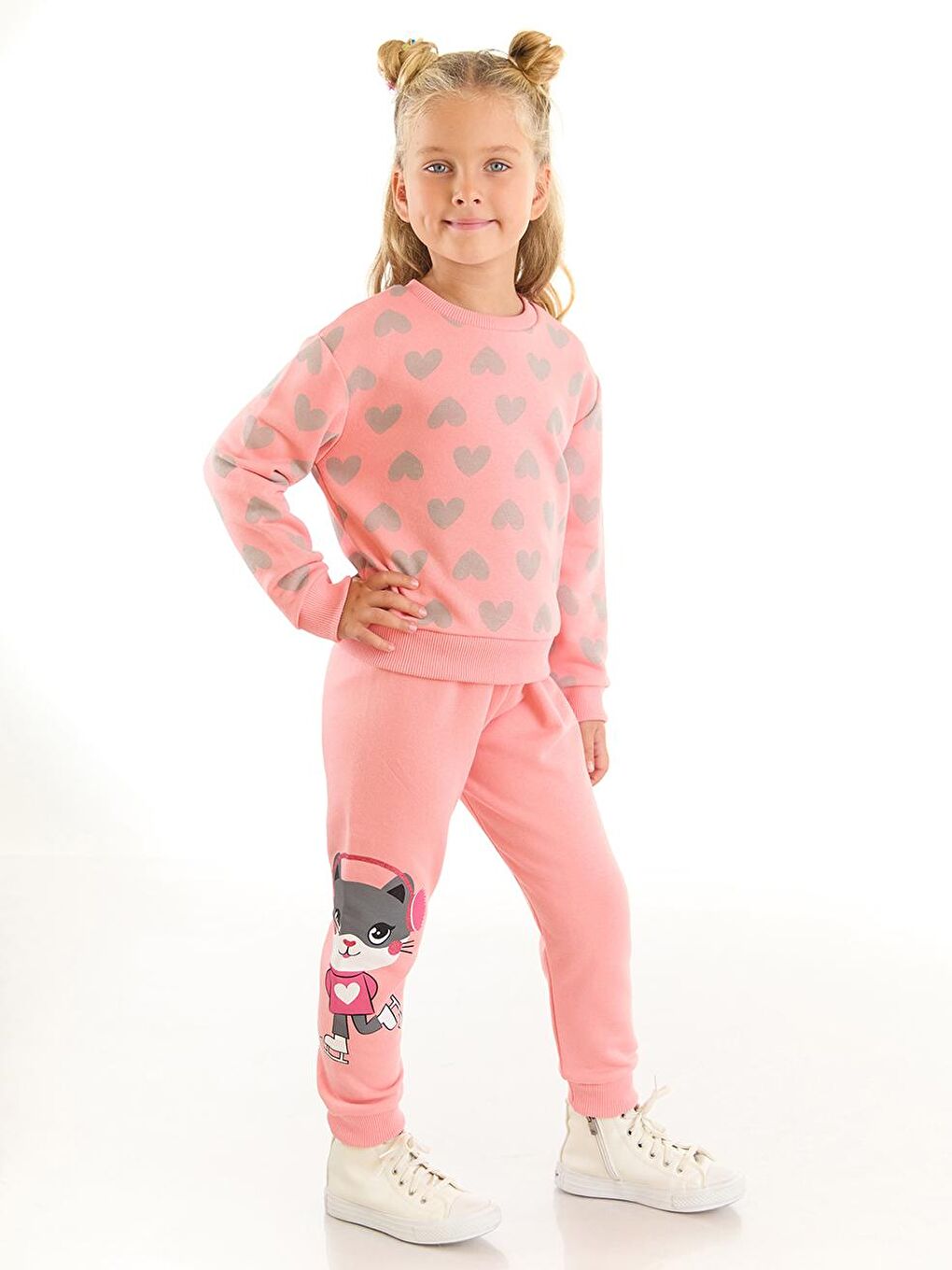 Patenli Kedi Kız Çocuk Pembe Eşofman Takım