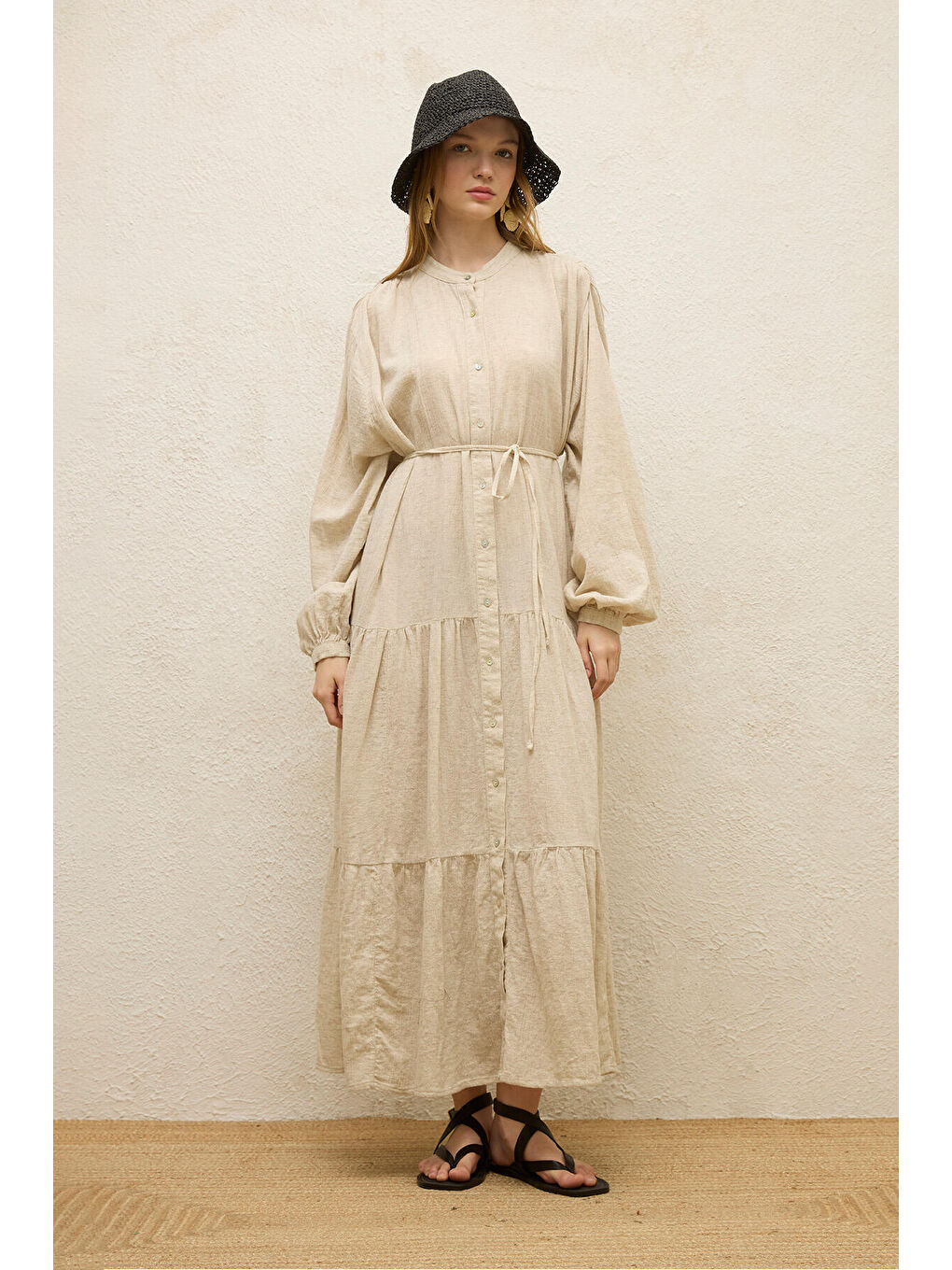 Bej Pamuklu Oversize Form Elbise Natural-1