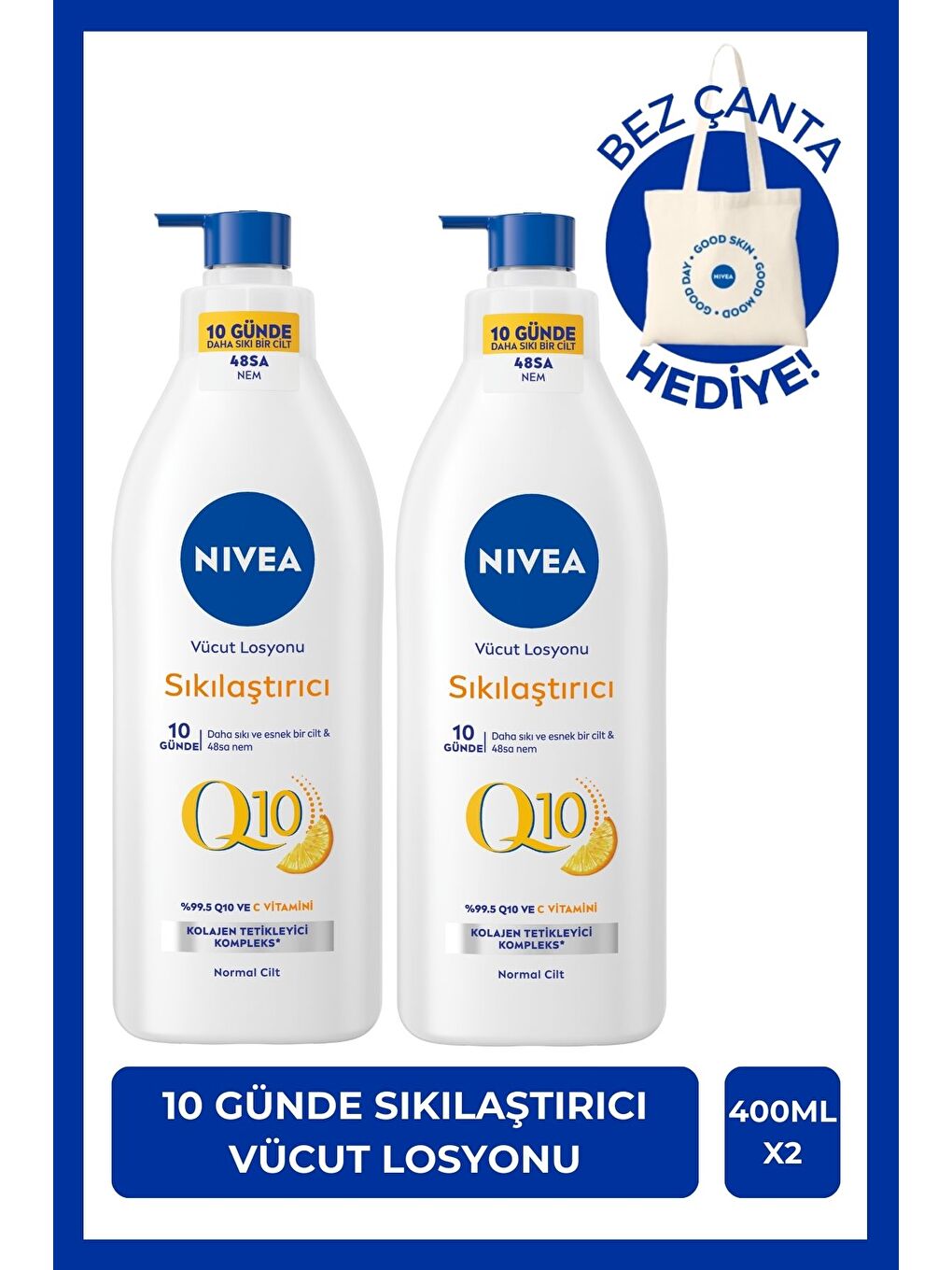 NIVEA Q10 Sıkılaştırıcı Vücut Losyonu 4000ml, C Vitamini, Nemlendirici, Esnek Cilt, Çanta Hediye, X2