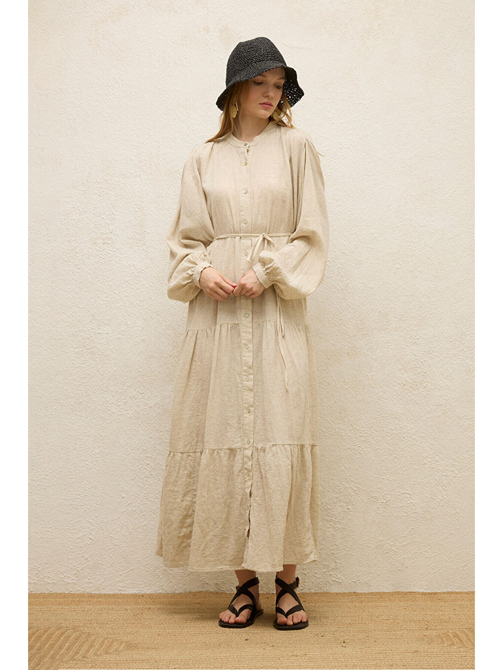 Bej Pamuklu Oversize Form Elbise Natural-3