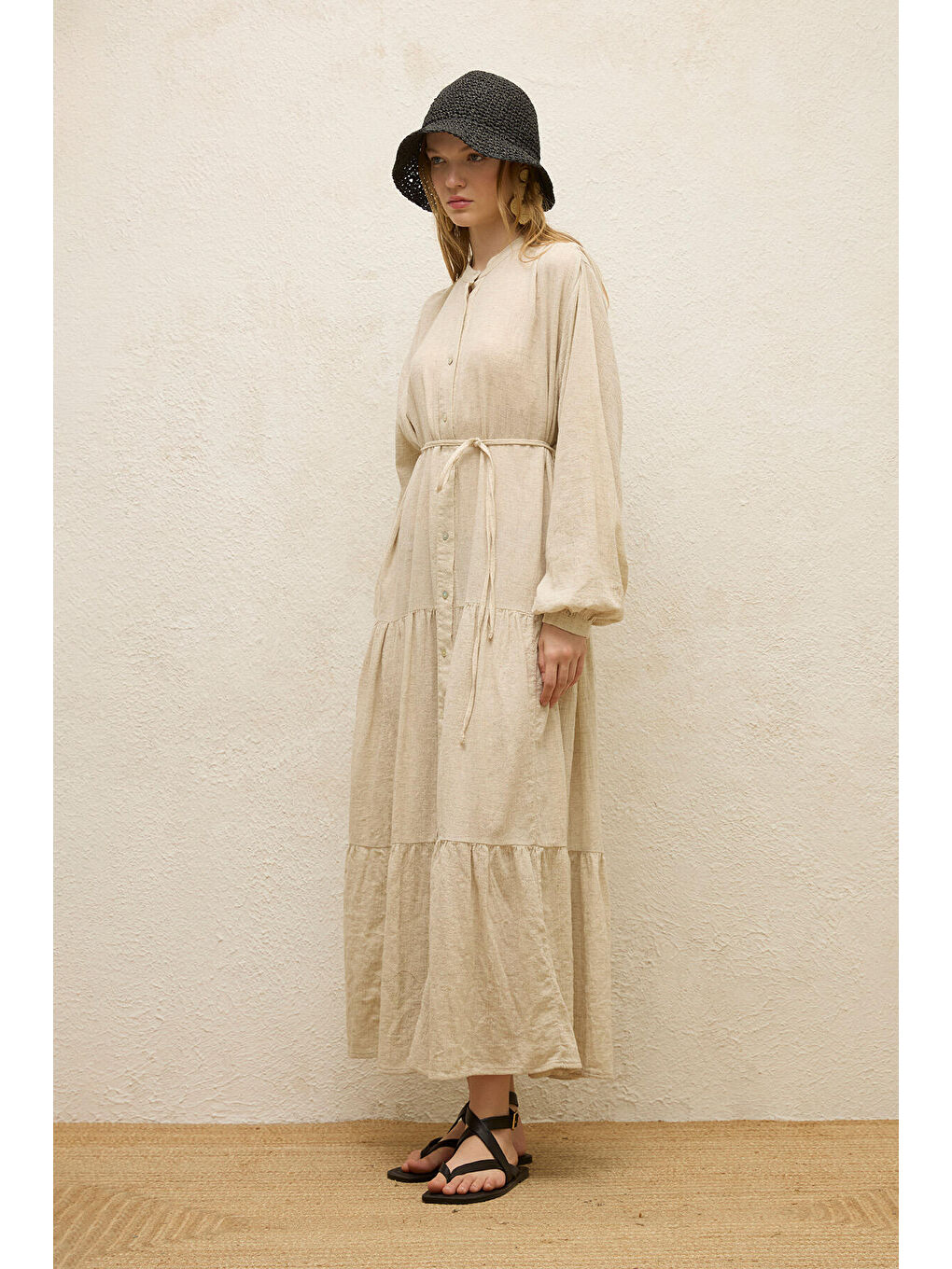 Bej Pamuklu Oversize Form Elbise Natural-4