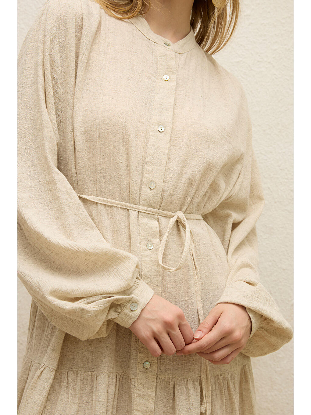 Bej Pamuklu Oversize Form Elbise Natural-5