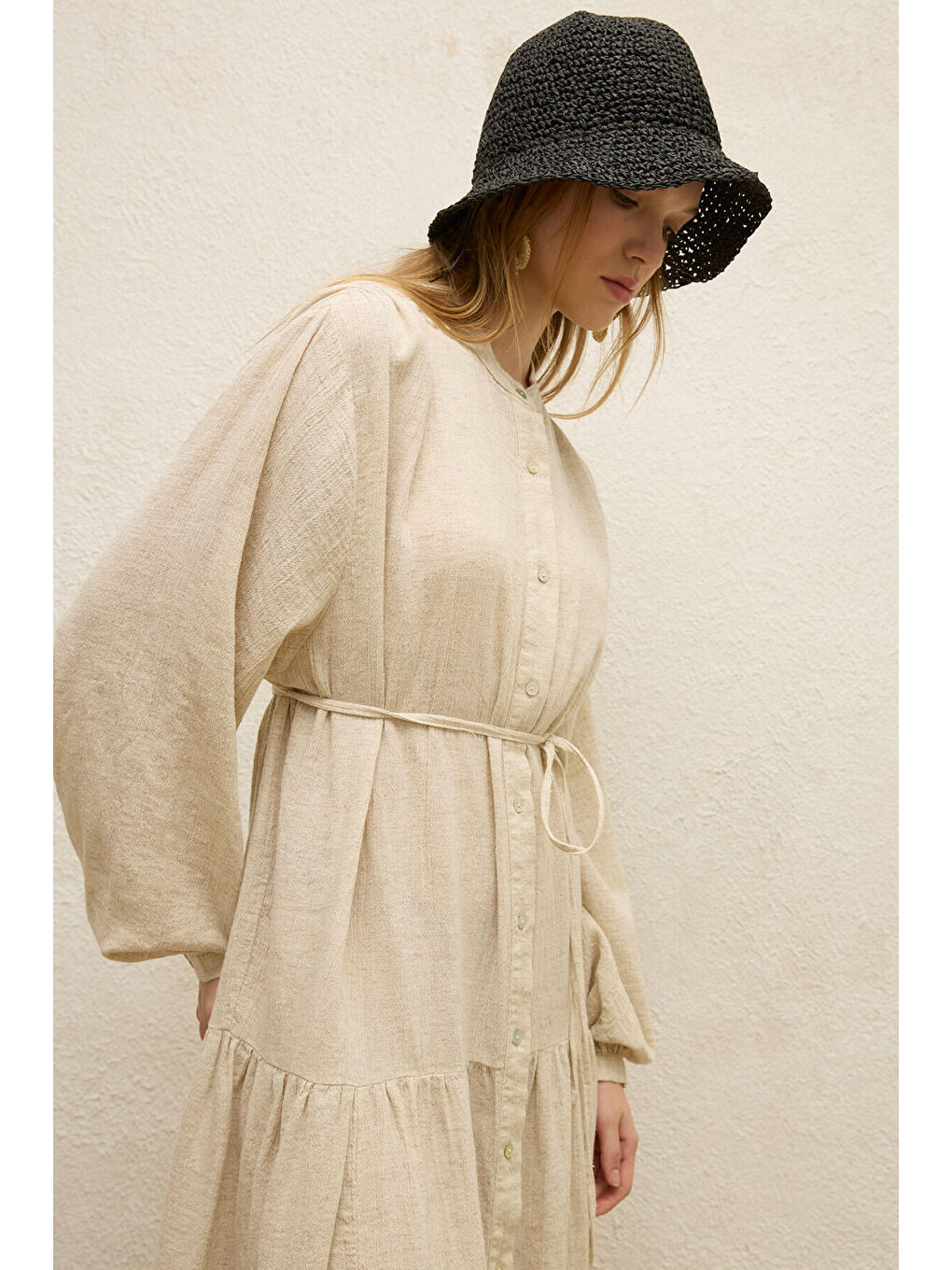 Bej Pamuklu Oversize Form Elbise Natural-6