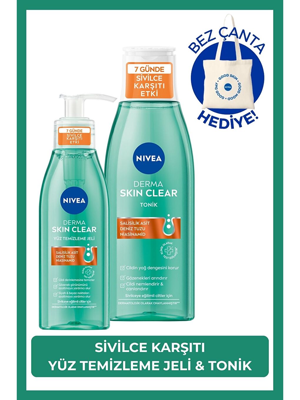 Derma Skin Clear Sivilce Karşıtı Yüz Temizleme Jeli 150ml ve Nemlendirici Tonik 200ml, Yağlı C