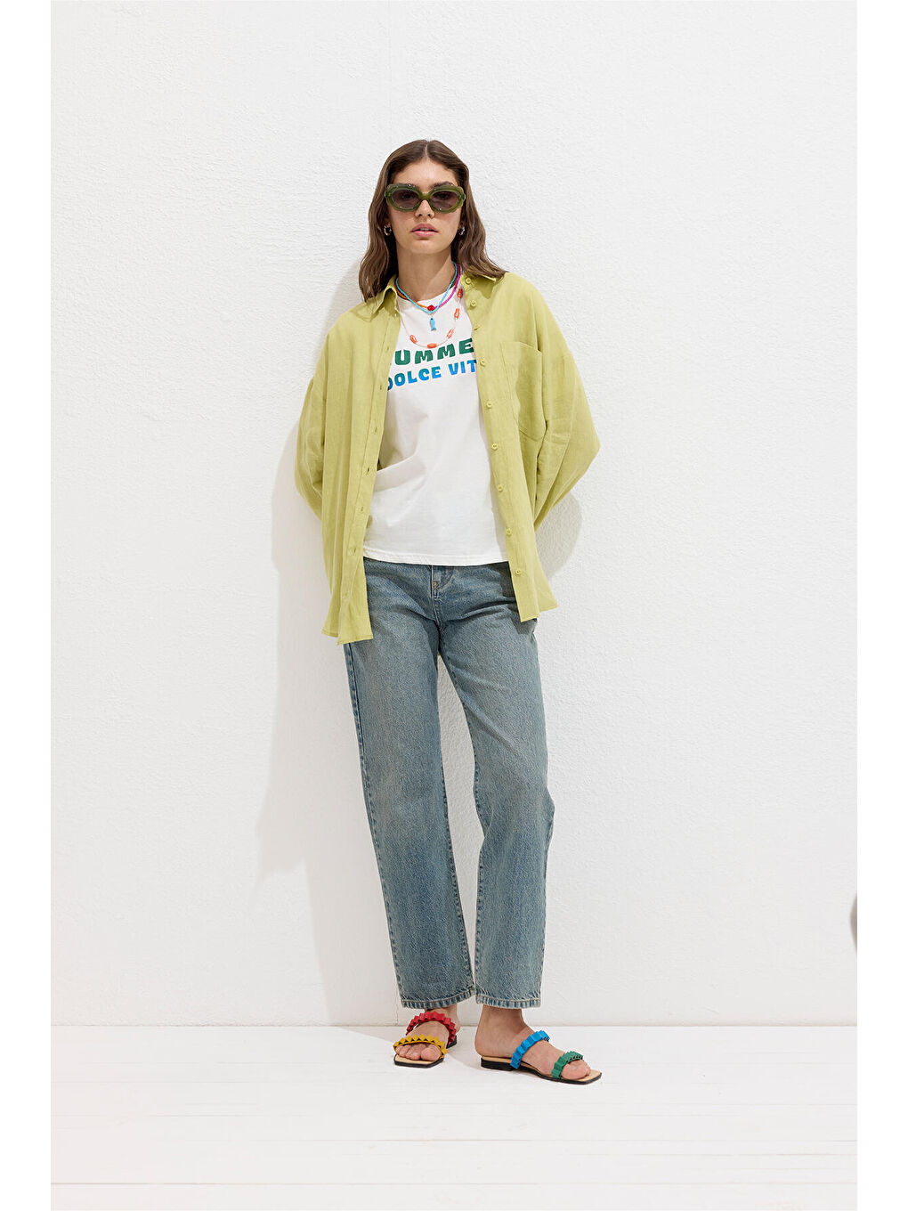 Yeşil Dikiş Detaylı Baskılı Tişört Dolce Vıta-1