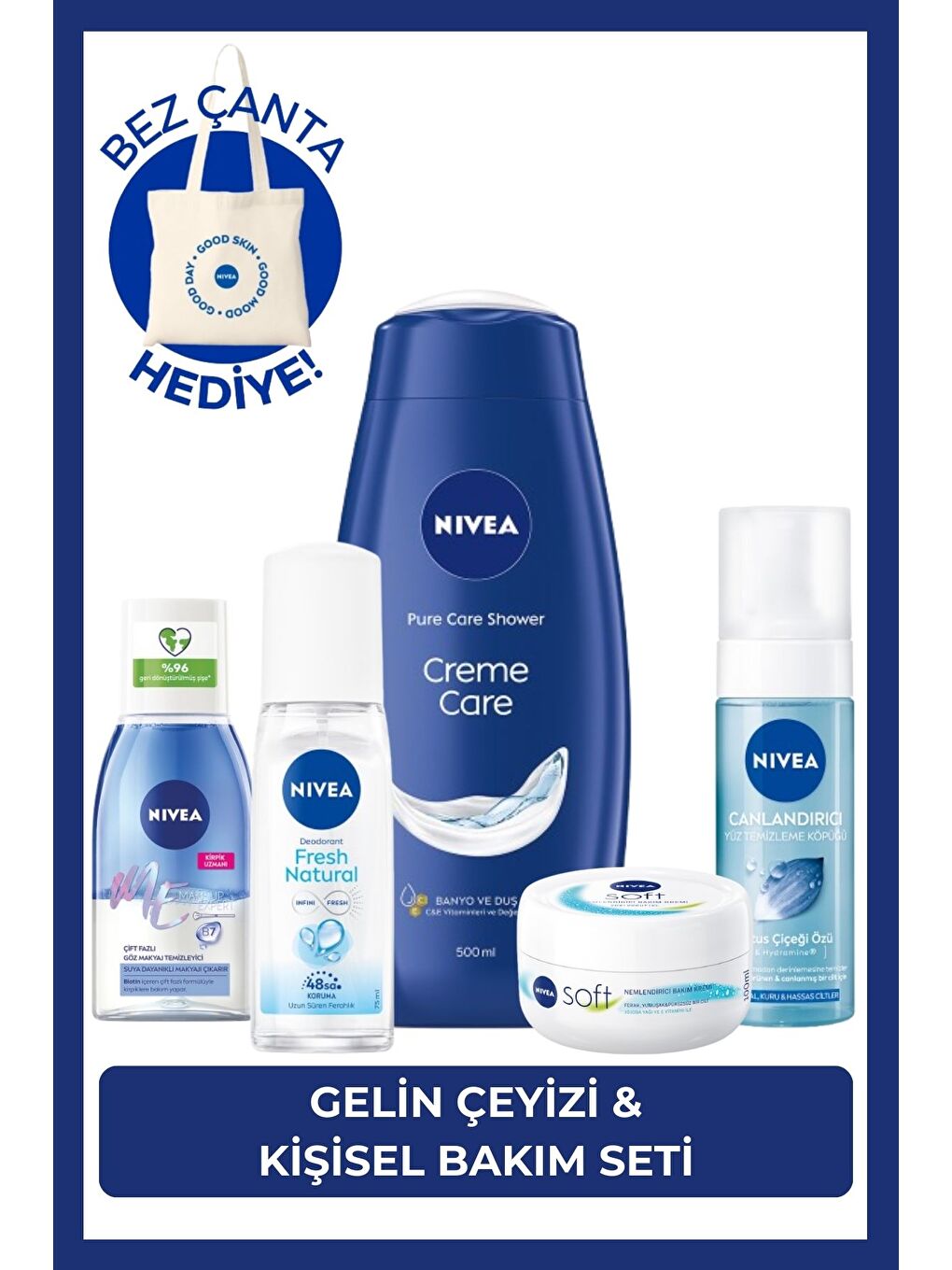 NIVEA Gelin Çeyiz Seti, Duş Jeli 500ml, Yüz Yıkama Köpüğü, Pump Deodorant,Göz Makyaj Temizleyici