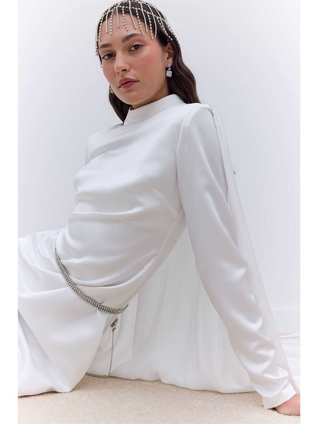 Pelerinli Abiye Elbise Ekru-3