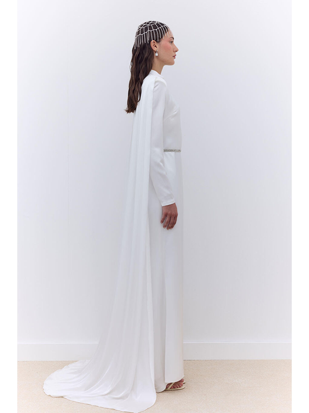Pelerinli Abiye Elbise Ekru-5