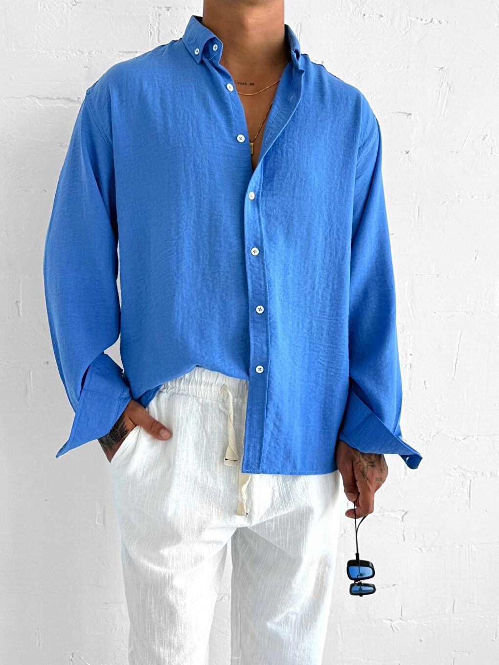 Erkek Oversize Basic Rahat Gömlek Mavi