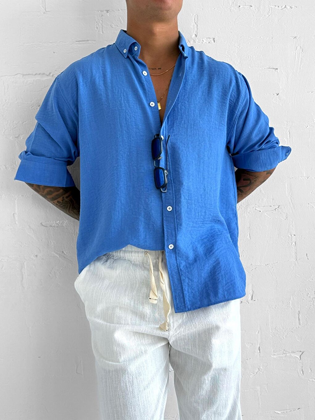 Erkek Oversize Basic Rahat Gömlek Mavi-1