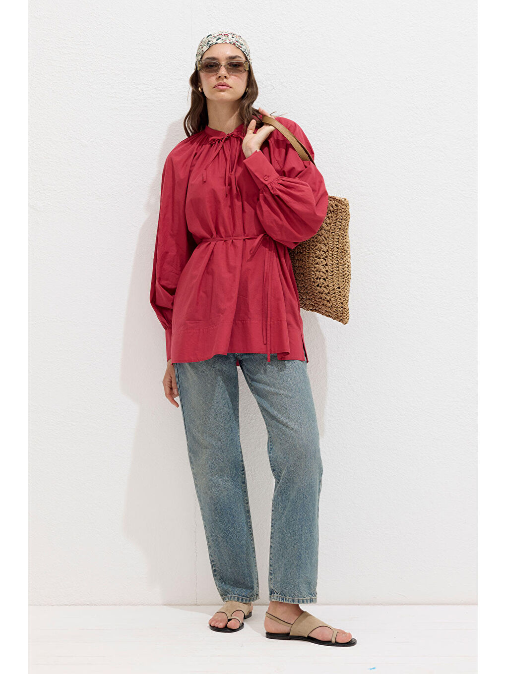 Kırmızı Bağcık Detaylı Vual Tunik Vişne-1