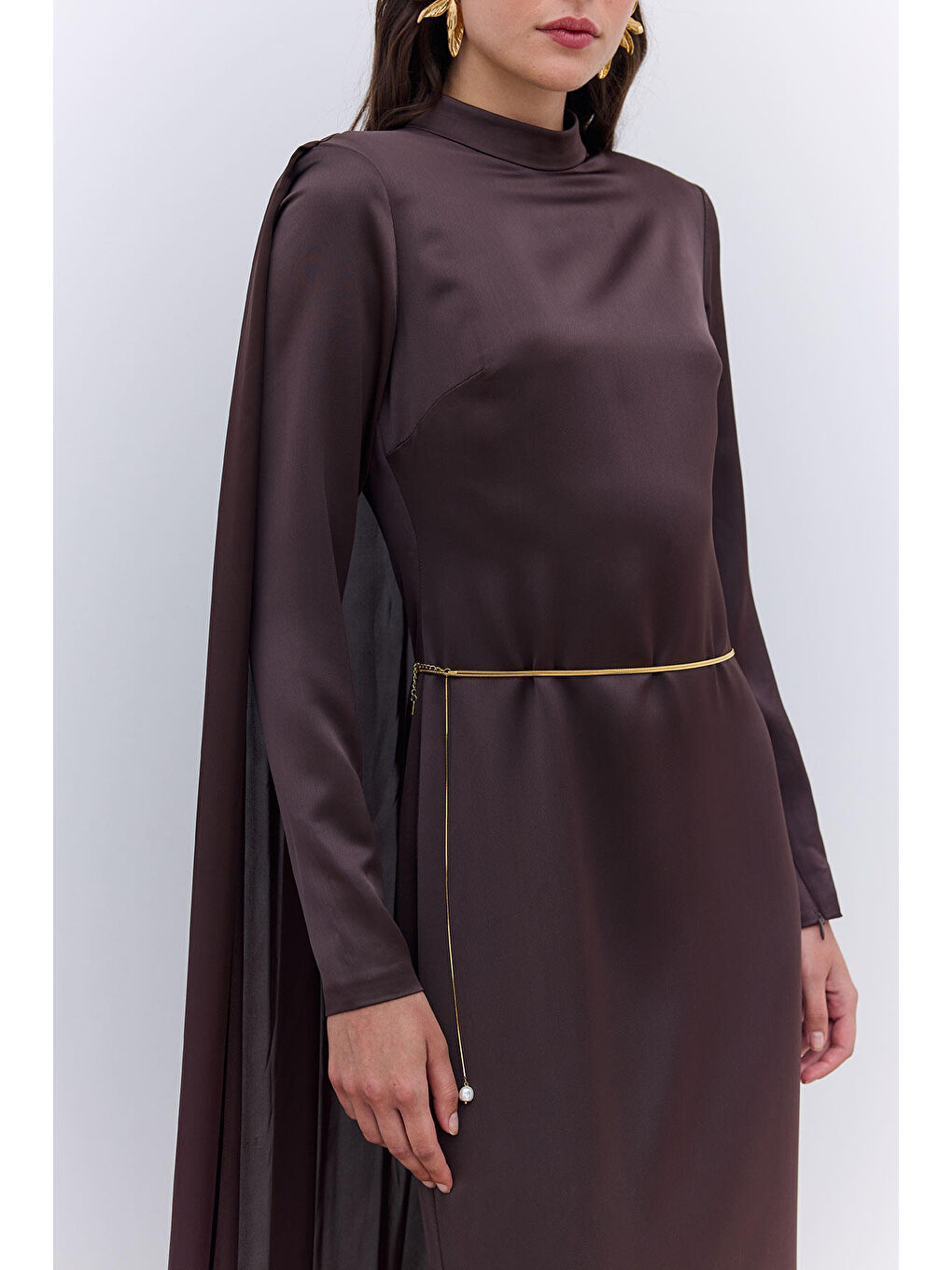 Pelerinli Abiye Elbise Kahverengi-2