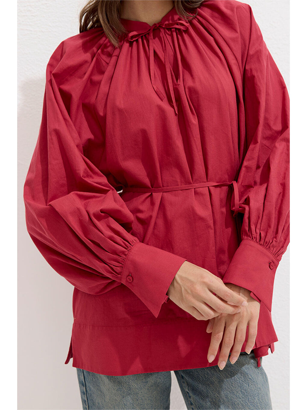 Kırmızı Bağcık Detaylı Vual Tunik Vişne-3