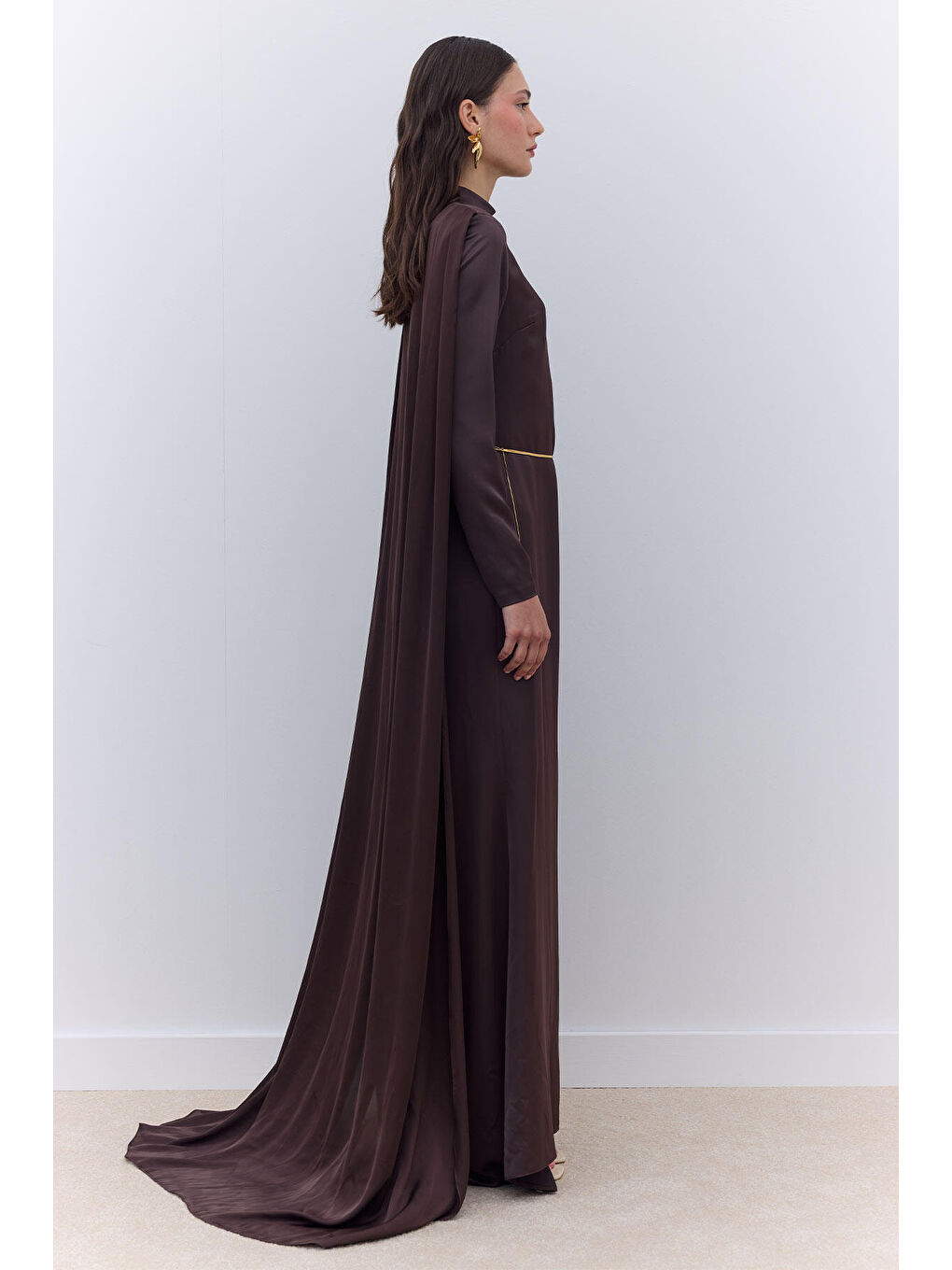 Pelerinli Abiye Elbise Kahverengi-3