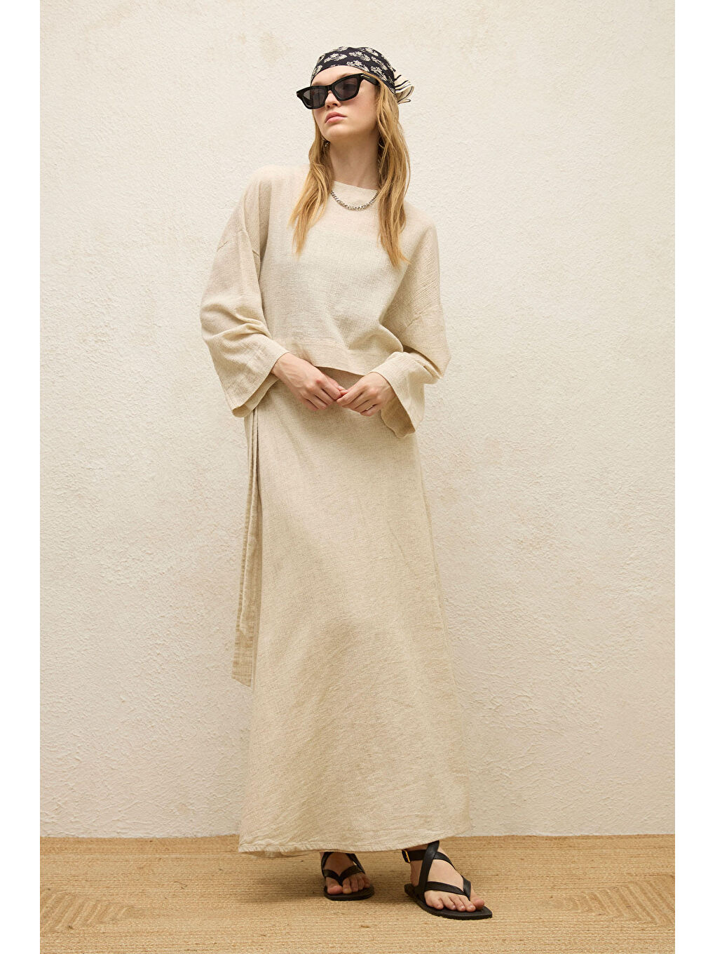 Bej Pamuklu Geniş Kol Crop Bluz Natural-2