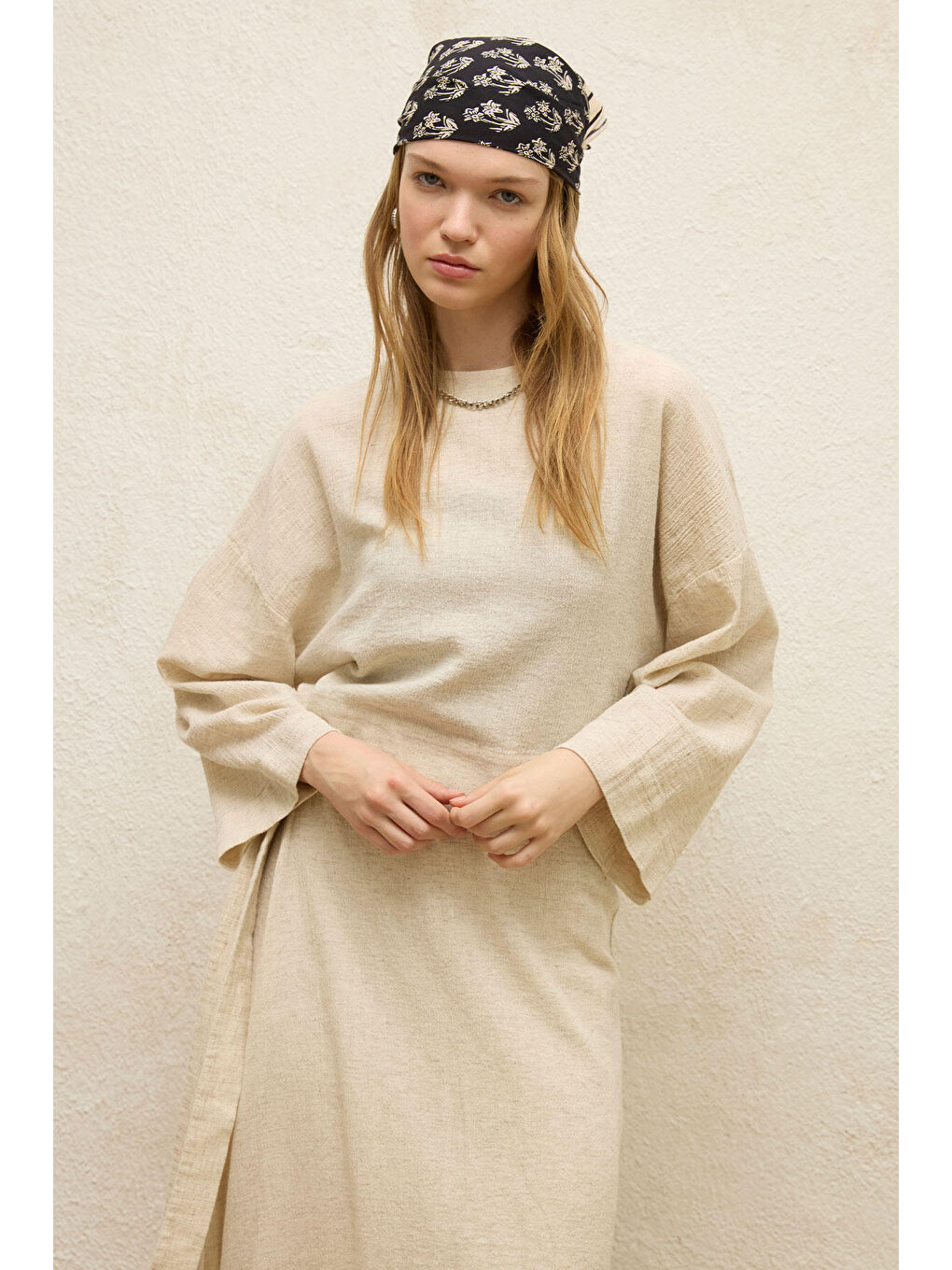 Bej Pamuklu Geniş Kol Crop Bluz Natural-3