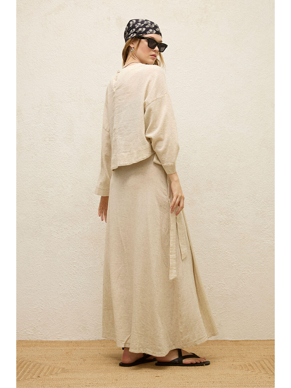 Bej Pamuklu Geniş Kol Crop Bluz Natural-5