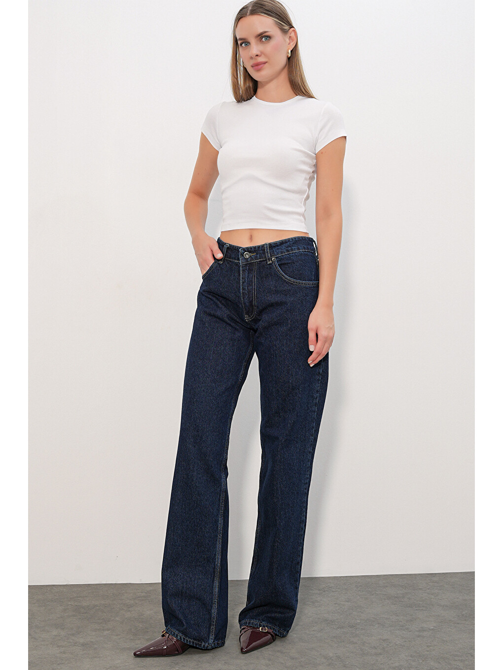 Kadın Geniş Paça Pul Detaylı Jean Pantolon 30124 - Lacivert-2