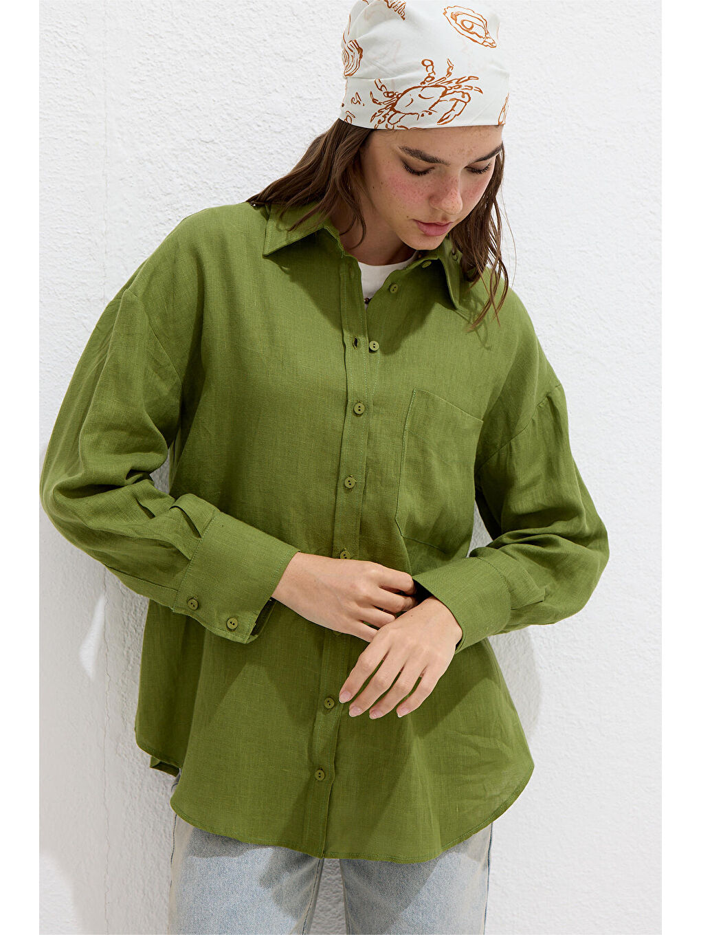 İnce Keten Oversize Gömlek Çimen Yeşili-1