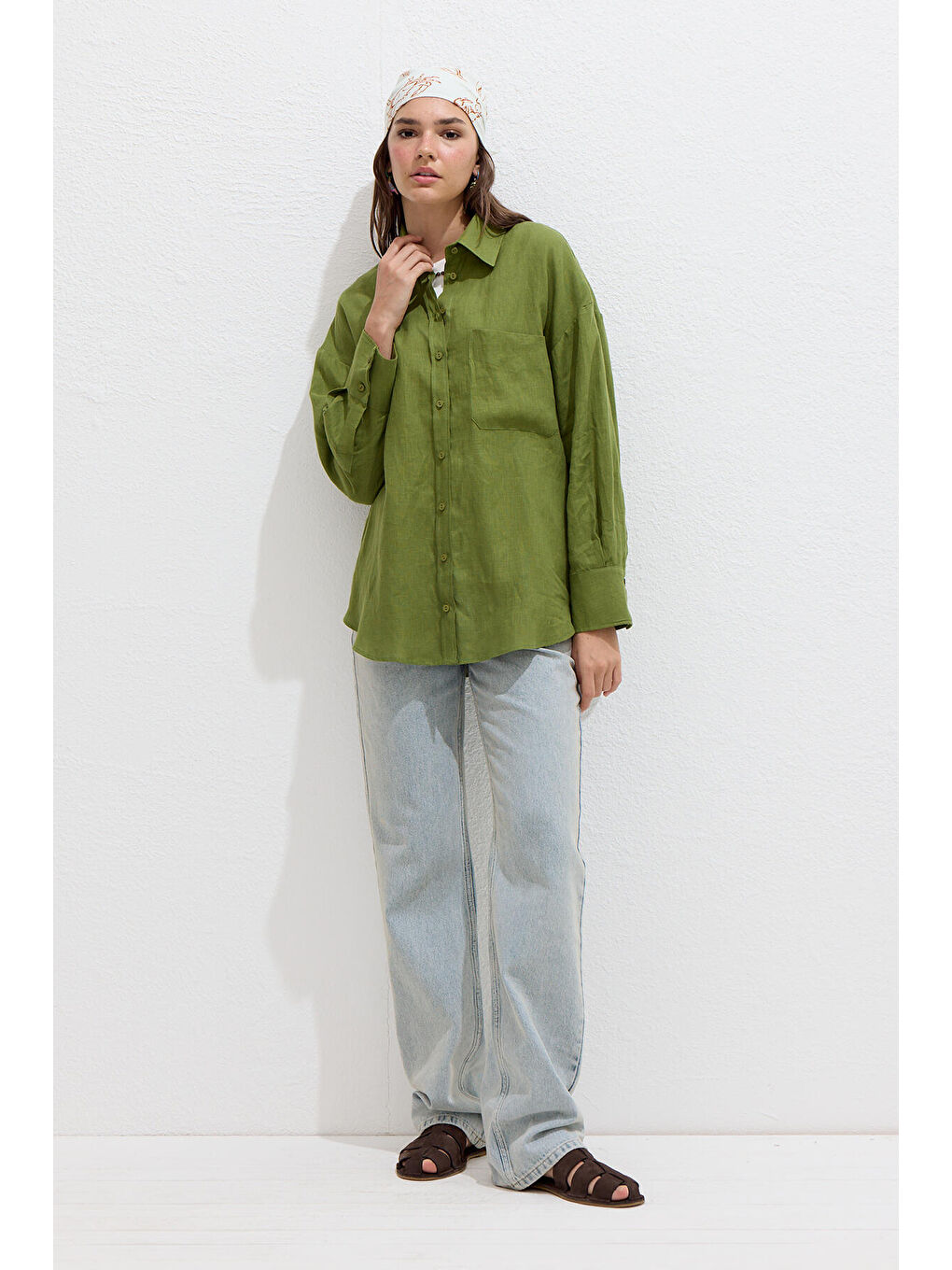 İnce Keten Oversize Gömlek Çimen Yeşili-2