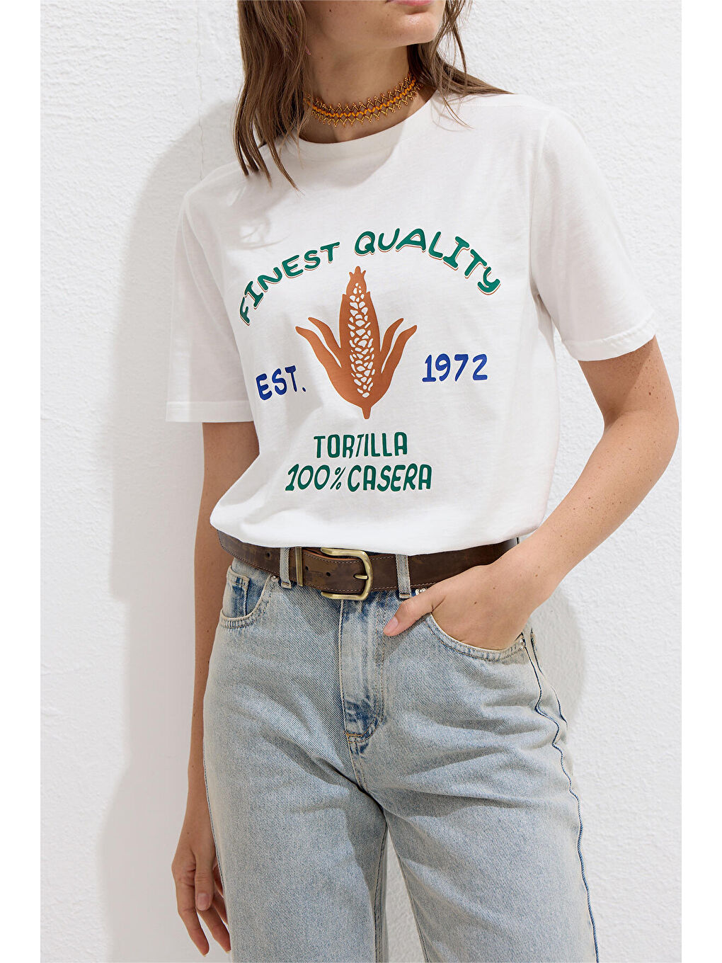 Yeşil Dikiş Detaylı Baskılı Tişört Tortılla-5