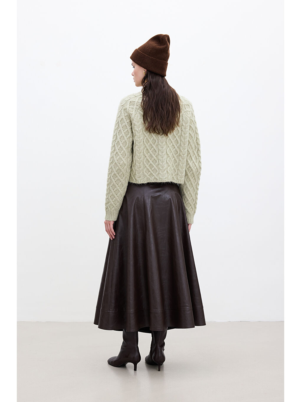 Kahverengi Geniş Kesim Deri Etek Acı Kahve-5