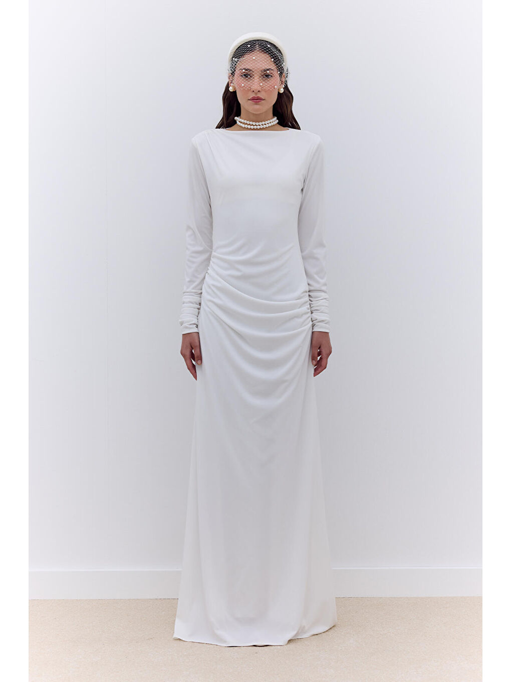 Haıley Drapeli Abiye Elbise Ekru-1