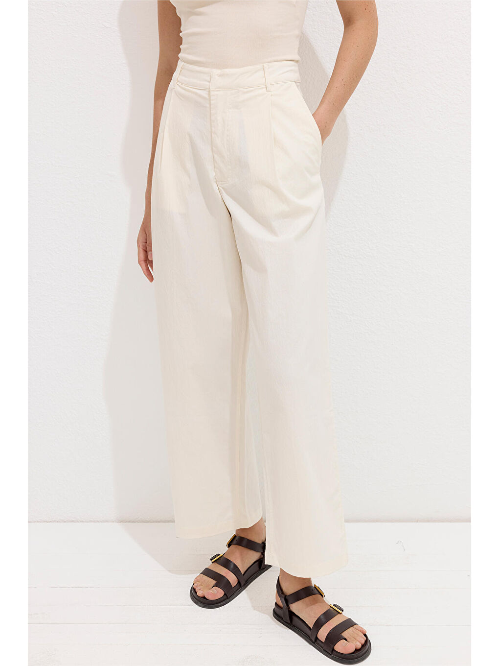 Bej Pamuklu Premium Pileli Pantolon Natural-5