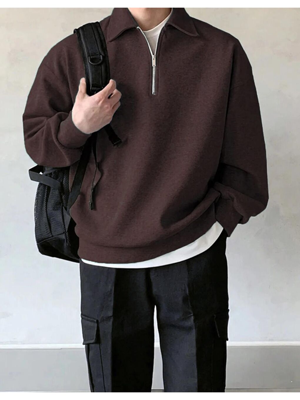 Kahverengi Erkek Polo Yaka Oversize Sweatshirt Yarım Fermuar Sweatshirt OVERSIZE-SWEATSHIRT