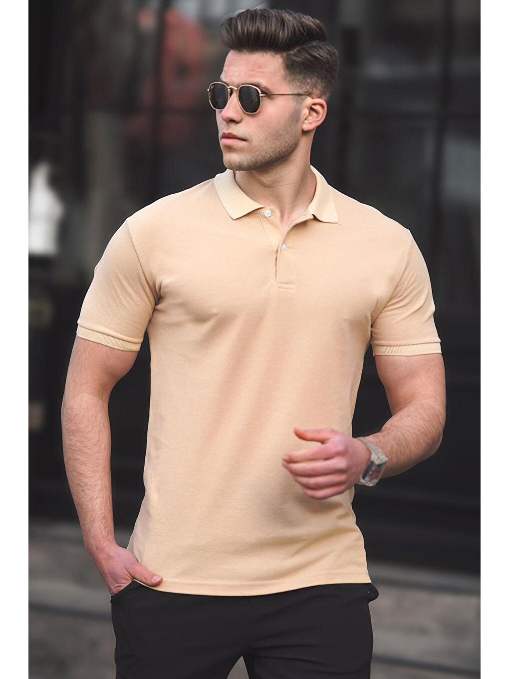 Bej Basic Polo Yaka Erkek Tişört 5101