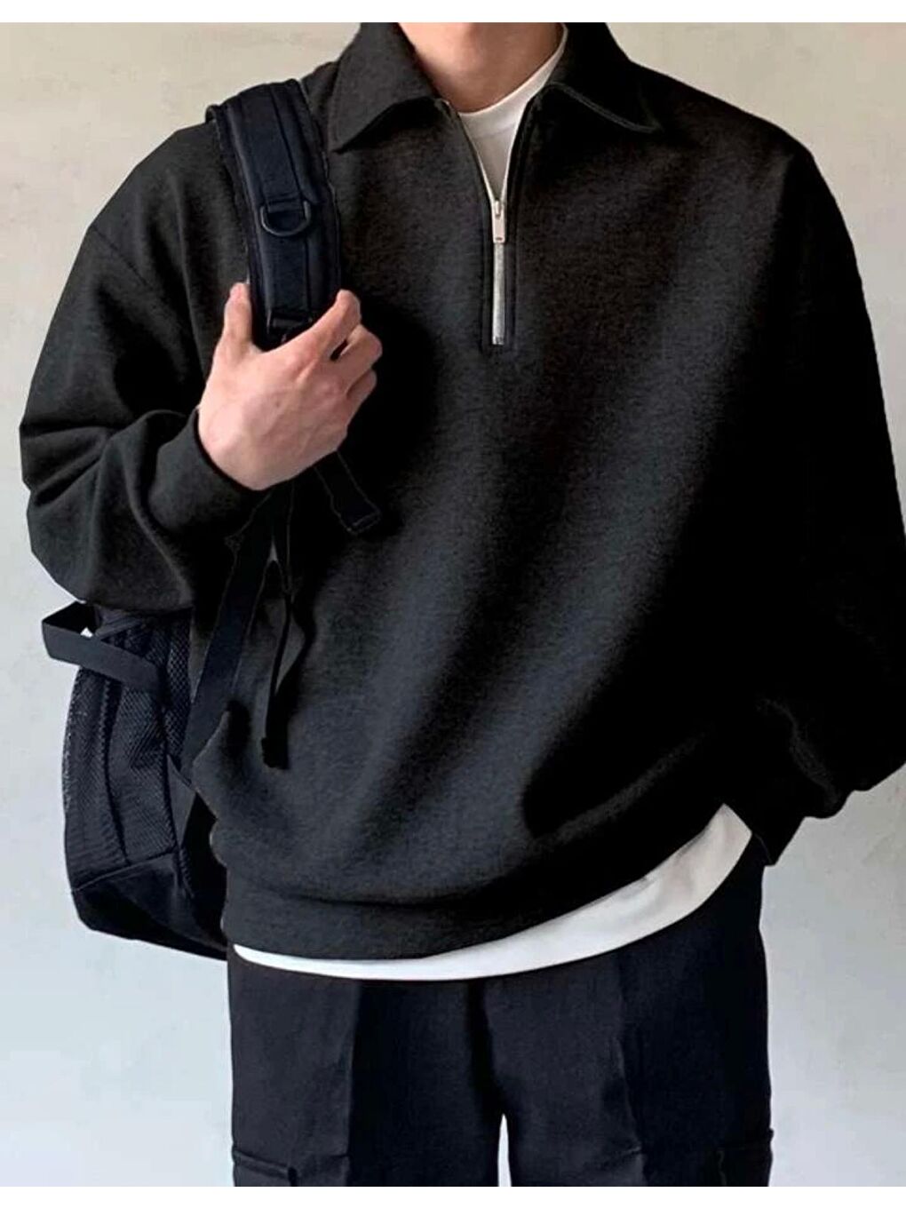 Genius Store Siyah Erkek Polo Yaka Oversize Sweatshirt Yarım Fermuar Sweatshirt OVERSIZE-SWEATSHIRT