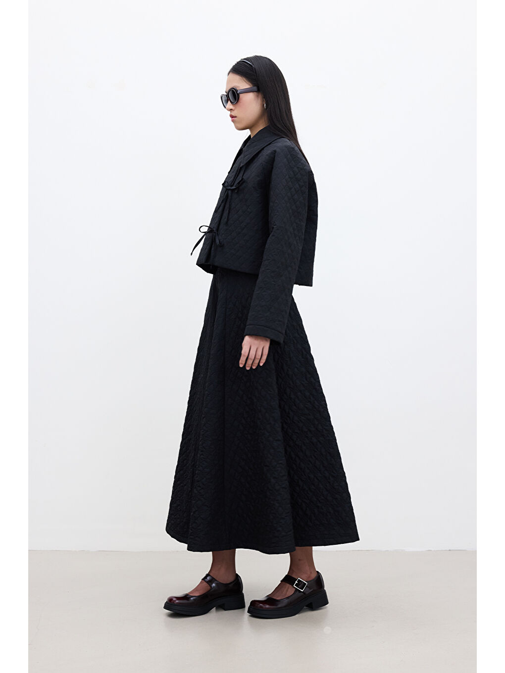 Kapitone Bağlamalı Kısa Ceket Siyah-5