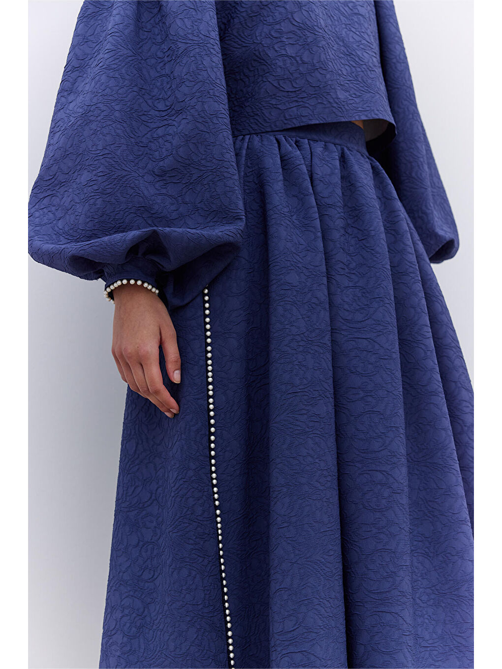 Karışık İnci Detaylı Jakarlı Etek Gece Mavisi-1