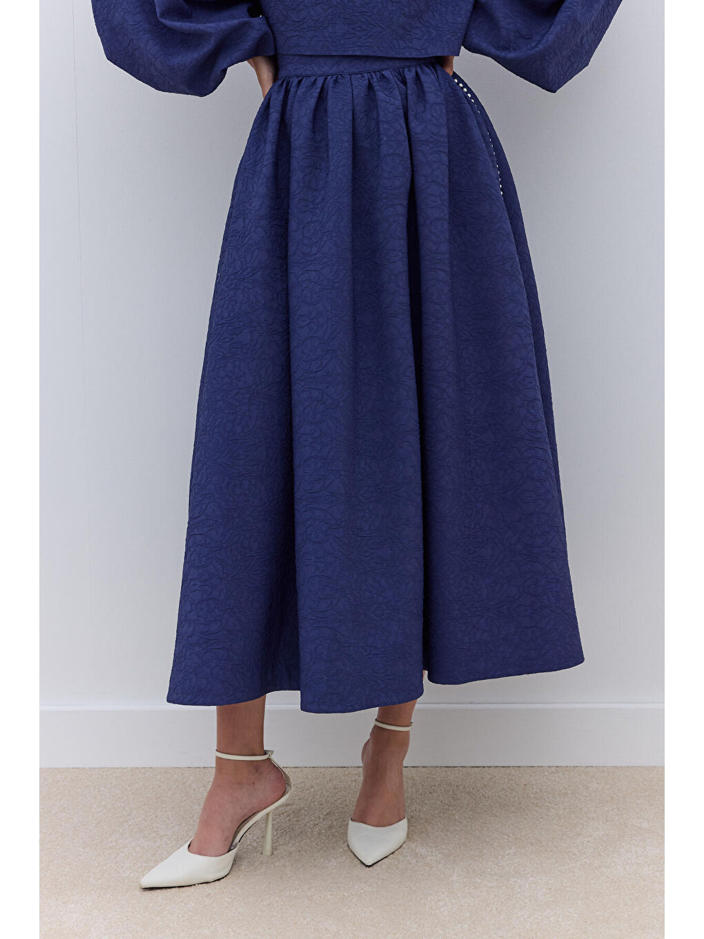 Karışık İnci Detaylı Jakarlı Etek Gece Mavisi-4