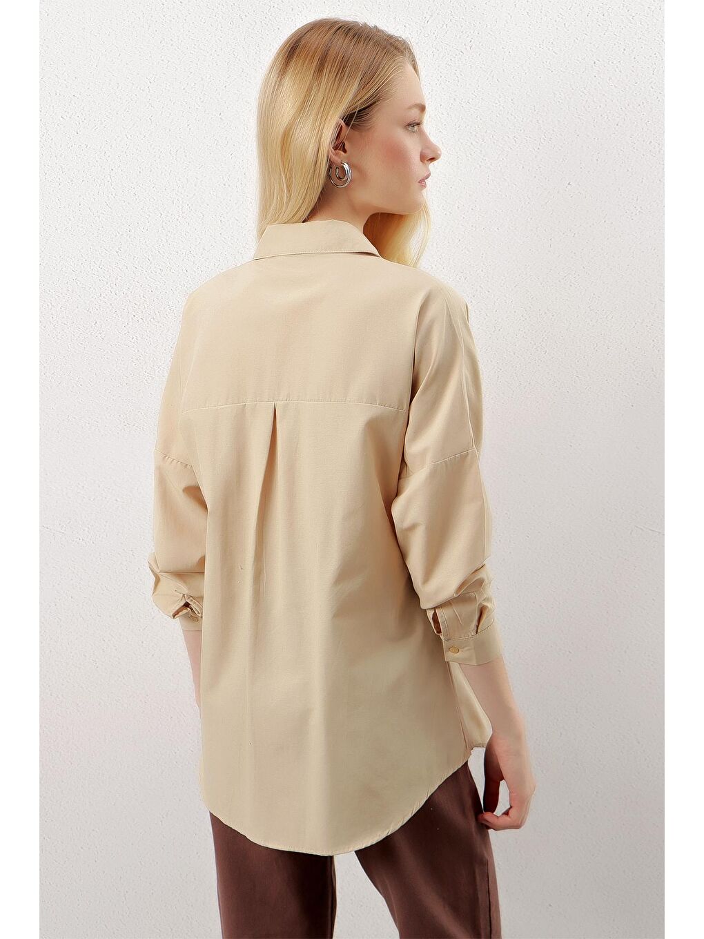 Bej Sade Düz Araboy Basic Oversize Gömlek-4