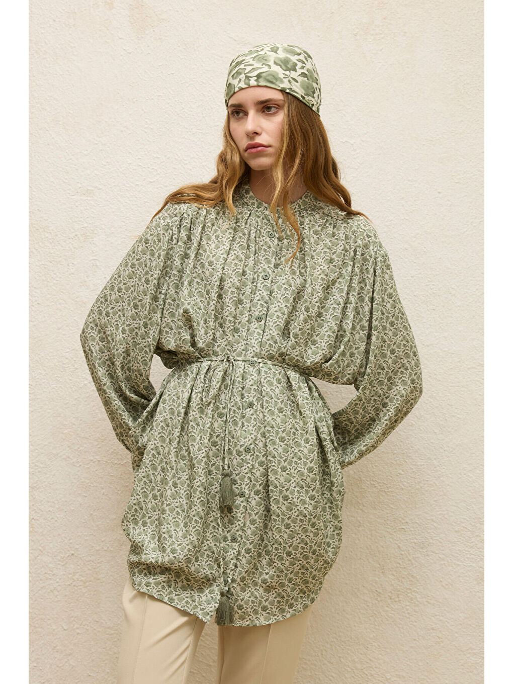 Yeşil Viskon Desenli Tunik Rose Mınt-1