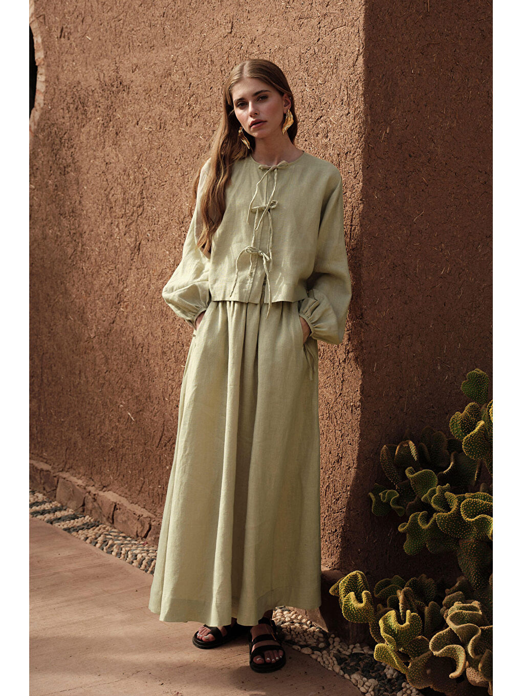 Yeşil Bol Kesim Keten Etek Adaçayı