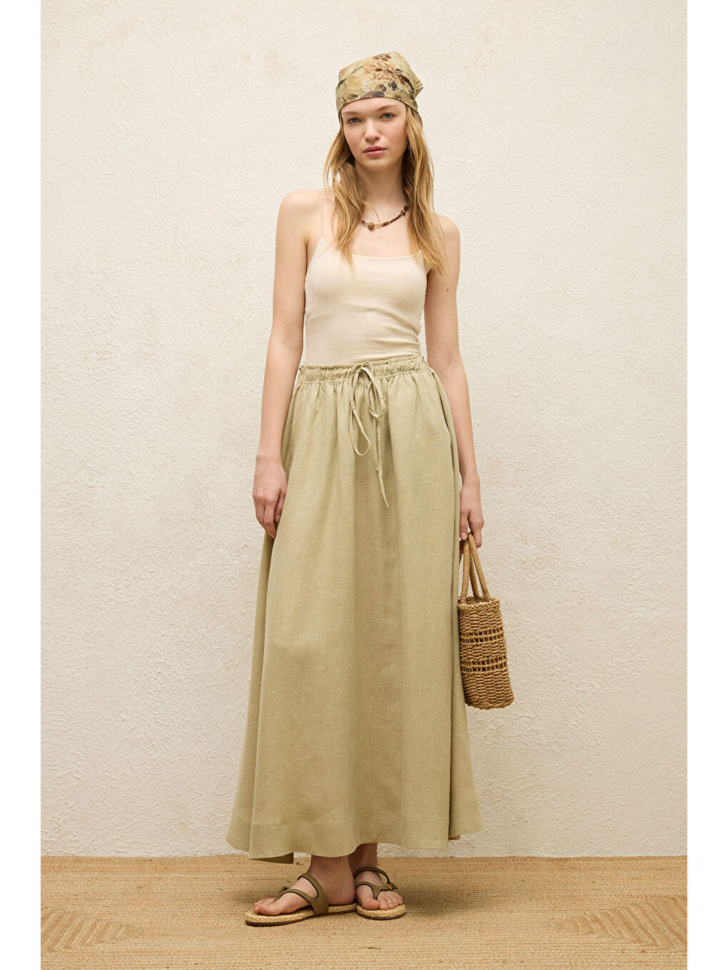 Yeşil Bol Kesim Keten Etek Adaçayı-1