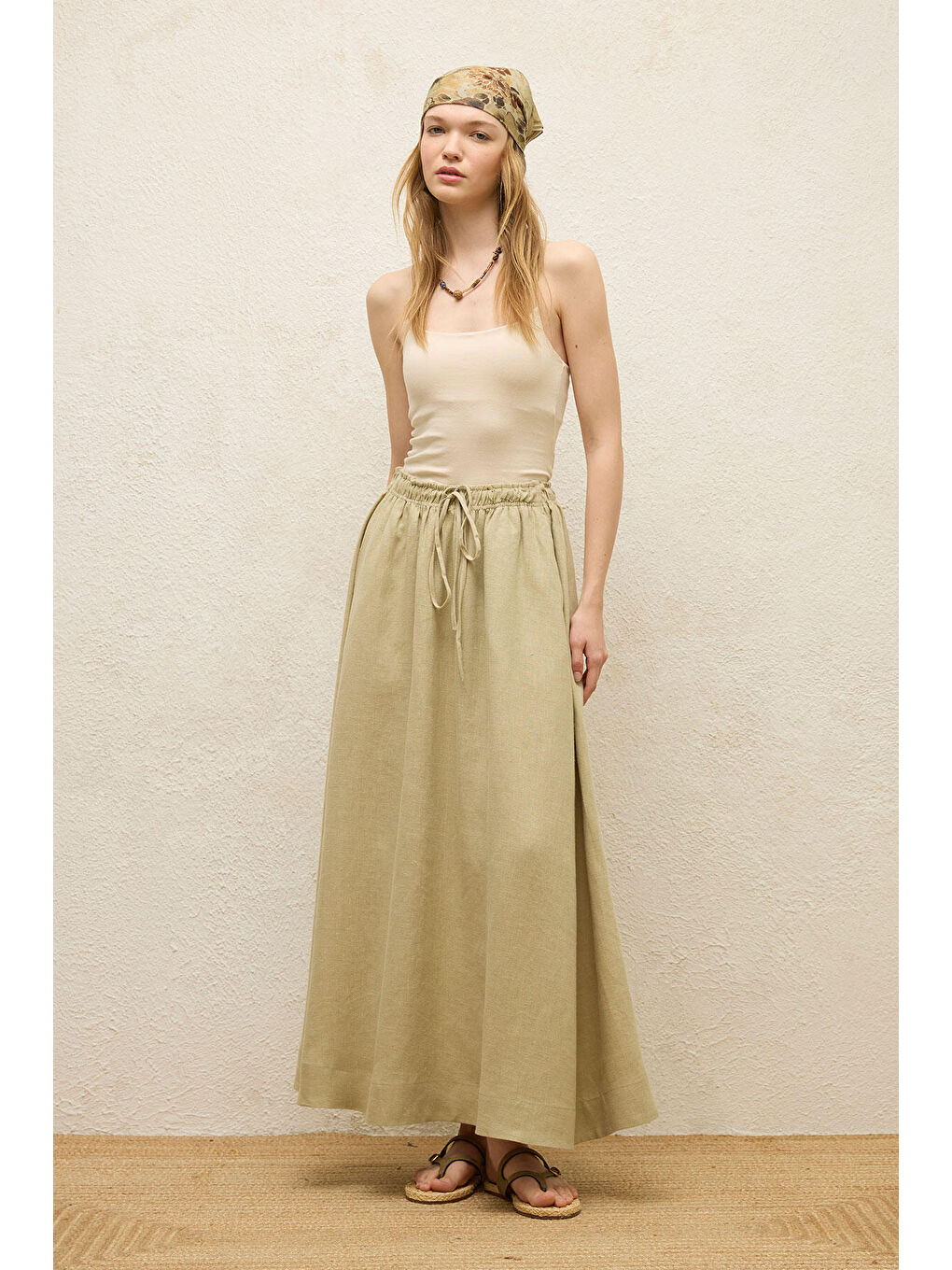 Yeşil Bol Kesim Keten Etek Adaçayı-4