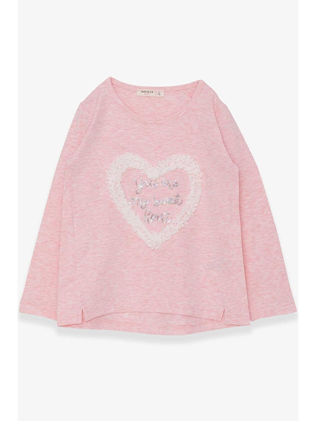 Pembe Kız Çocuk Uzun Kollu Tişört Simli Kalp Baskılı Somon Melanj (5-10 Yaş)