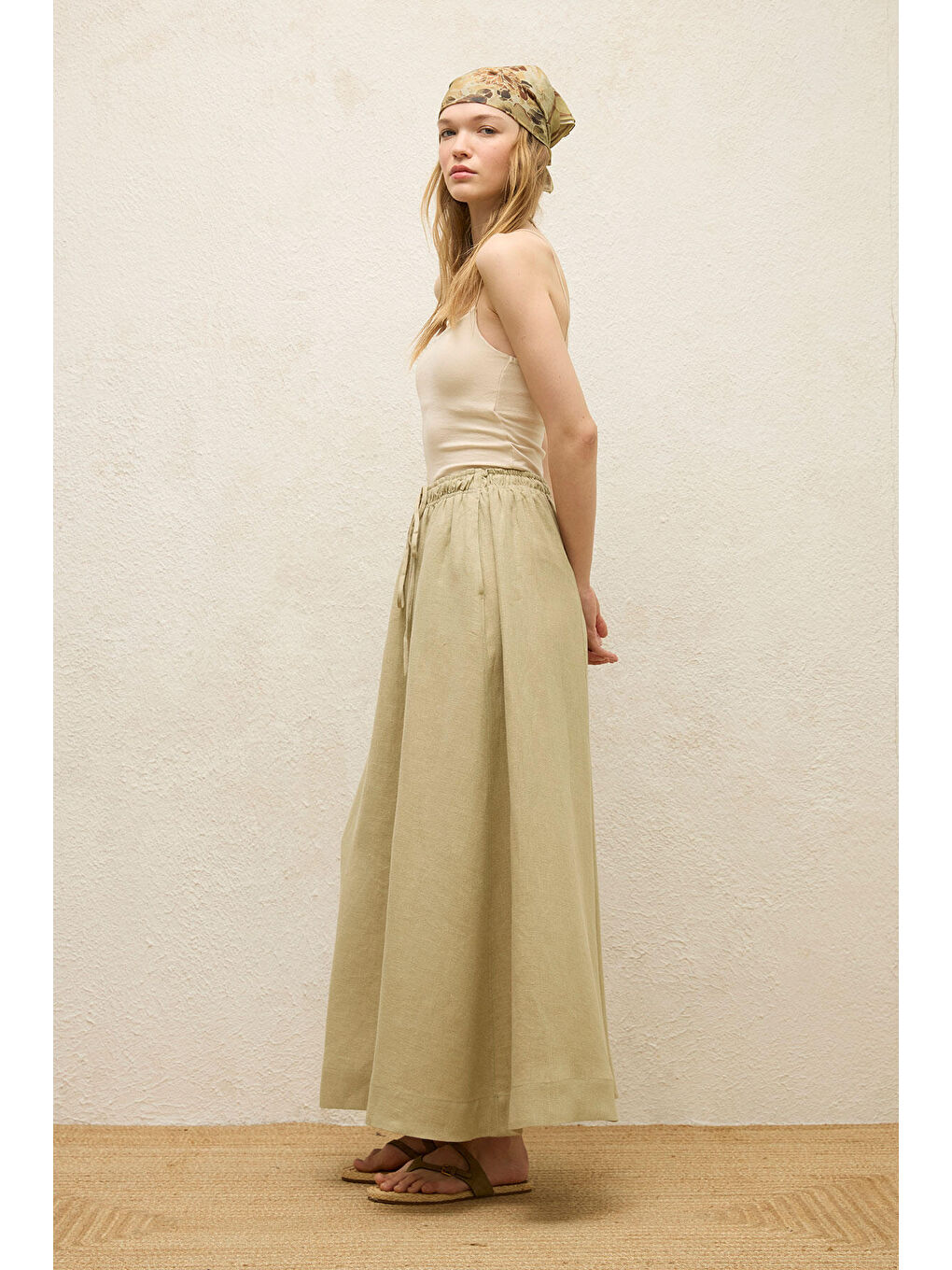 Yeşil Bol Kesim Keten Etek Adaçayı-6