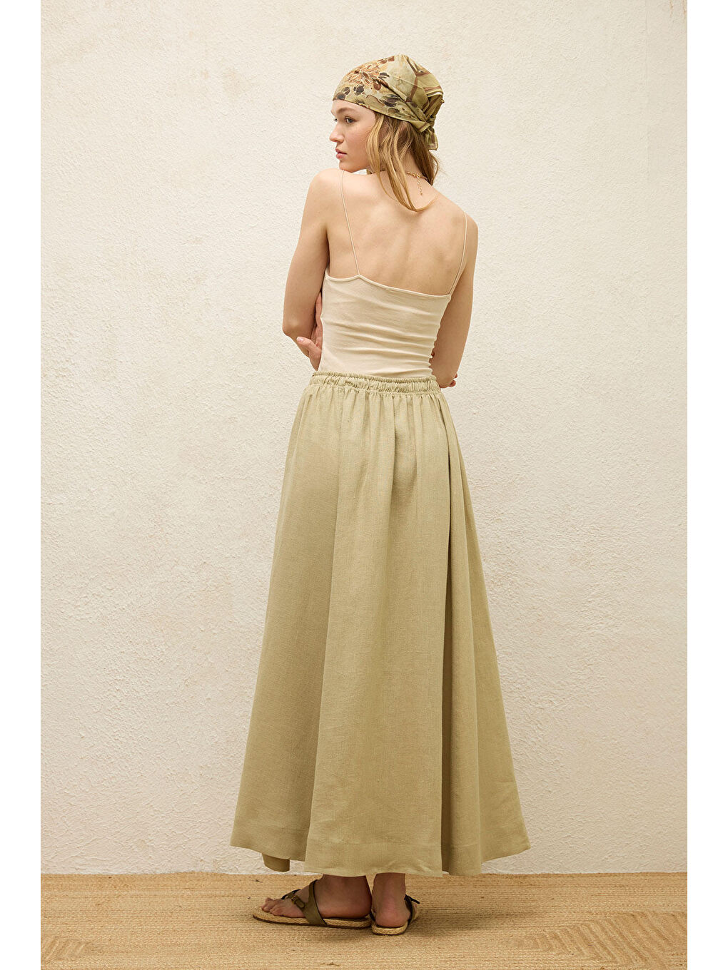 Yeşil Bol Kesim Keten Etek Adaçayı-7