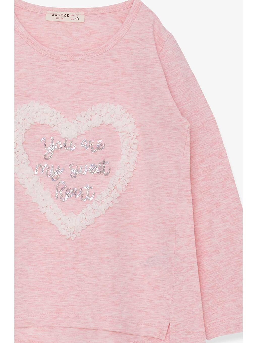 Pembe Kız Çocuk Uzun Kollu Tişört Simli Kalp Baskılı Somon Melanj (5-10 Yaş)-2