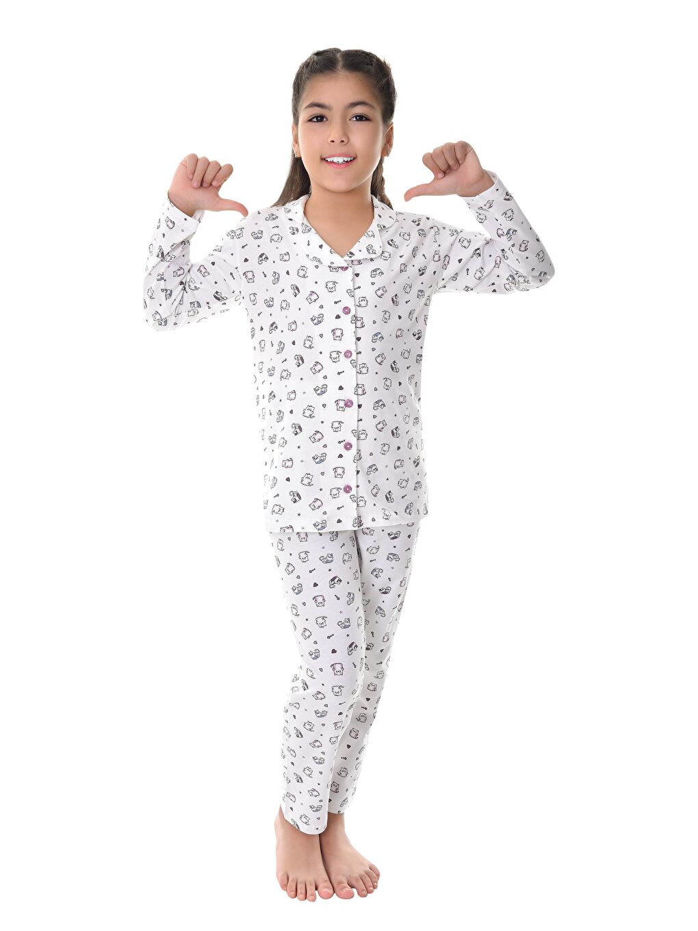 Beyaz Pamuklu Uzun Kollu Düğmeli Gömlek Yaka Desenli Düz Paça Kız Çocuk Pijama Takım