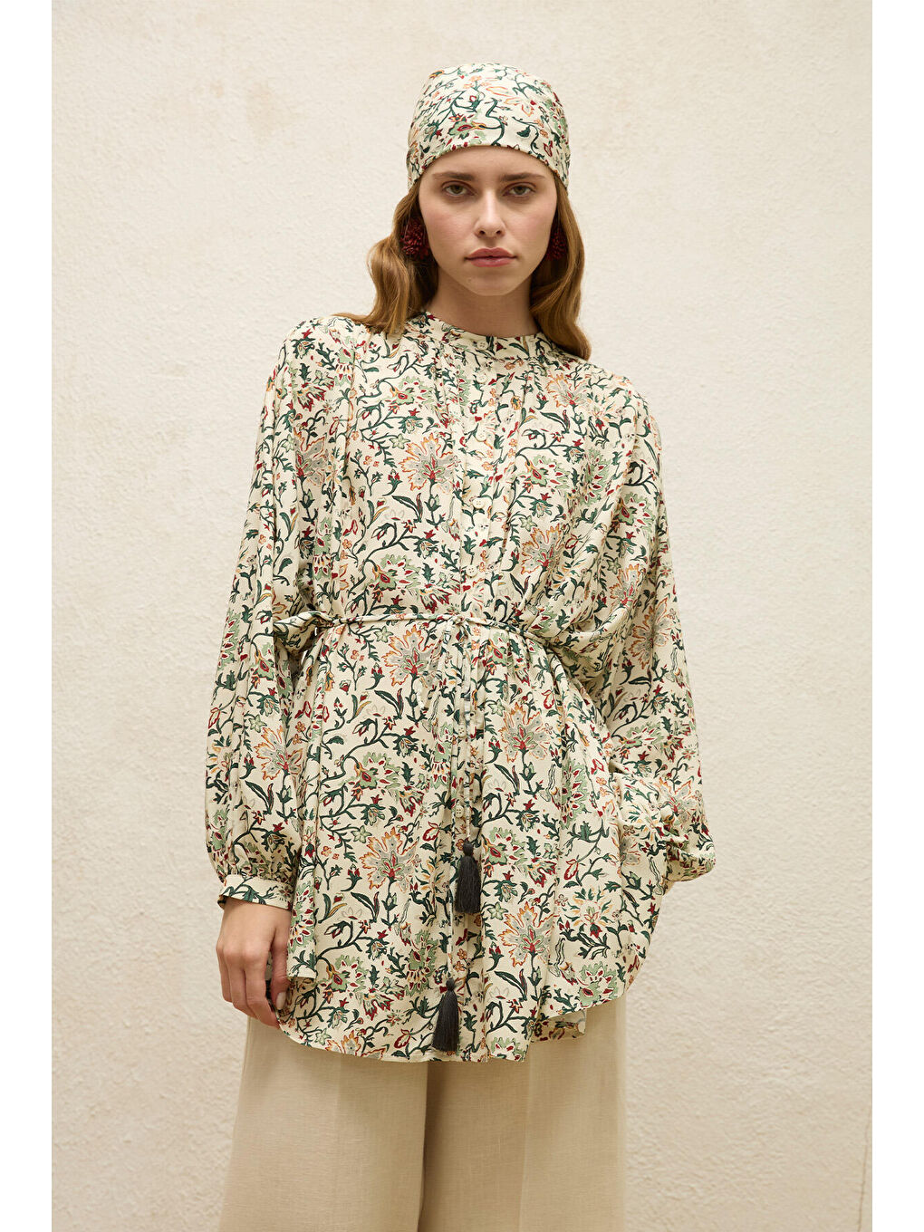 Bej Viskon Desenli Tunik-1