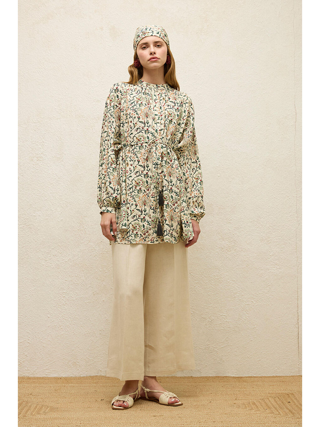 Bej Viskon Desenli Tunik-2