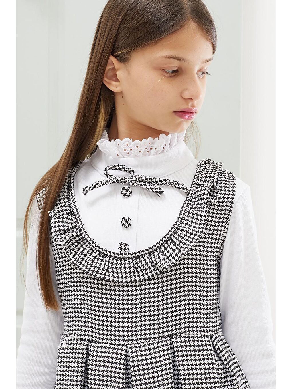 Beyaz Kazayağı Desenli Uzun Kollu Badili Kız Çocuk Elbise 18558-1